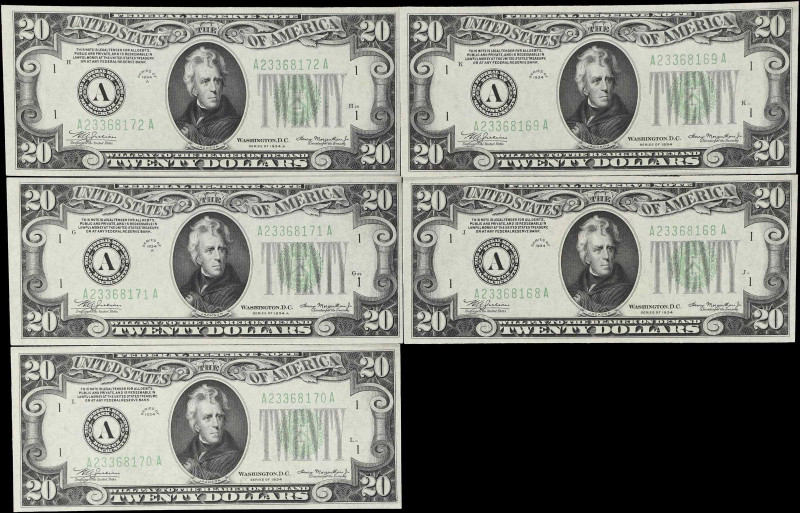 Lot of (5) Fr. 2054-A & 2055-A. 1934-34A $20 Federal Reserve Notes. Boston. Choi...