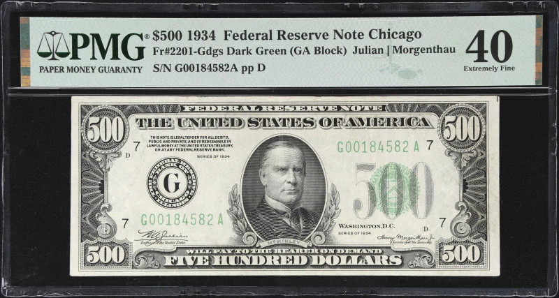 Fr. 2201-Gdgs. 1934 Dark Green Seal $500 Federal Reserve Note. Chicago. PMG Extr...