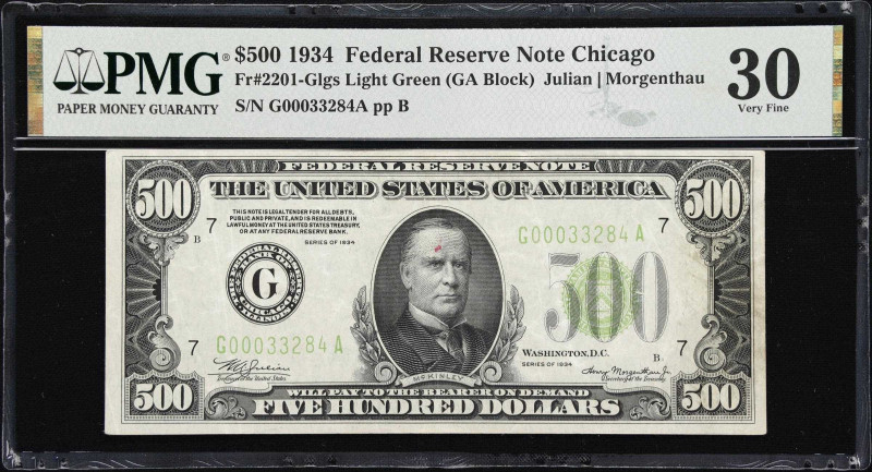 Fr. 2201-Glgs. 1934 Light Green Seal $500 Federal Reserve Note. Chicago. PMG Ver...