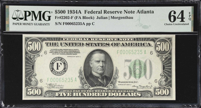 Fr. 2202-F. 1934A $500 Federal Reserve Note. Atlanta. PMG Choice Uncirculated 64...