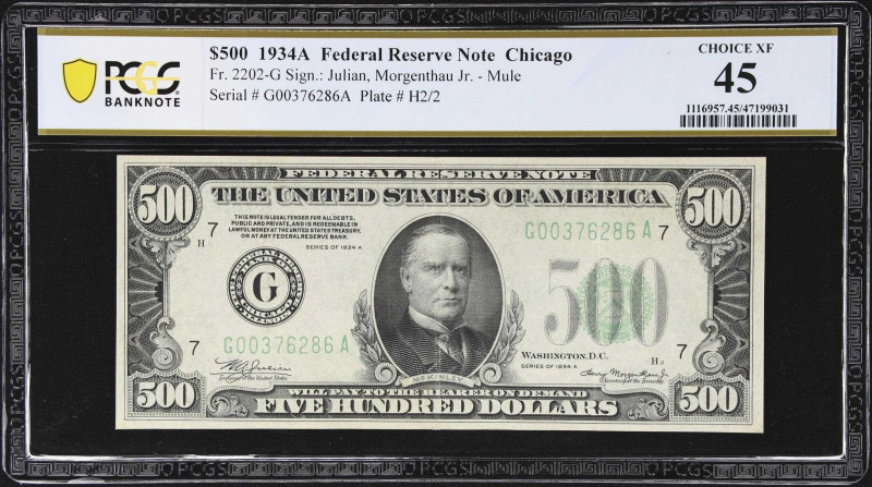 Fr. 2202-G. 1934A $500 Federal Reserve Mule Note. Chicago. PCGS Banknote Choice ...