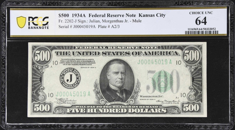 Fr. 2202-J. 1934A $500 Federal Reserve Mule Note. Kansas City. PCGS Banknote Cho...