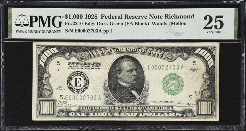 Fr. 2210-Edgs. 1928 Dark Green Seal $1000 Federal Reserve Note. Richmond. PMG Ve...