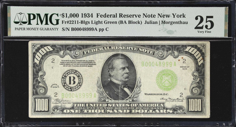 Fr. 2211-Blgs. 1934 Light Green Seal $1000 Federal Reserve Note. New York. PMG V...