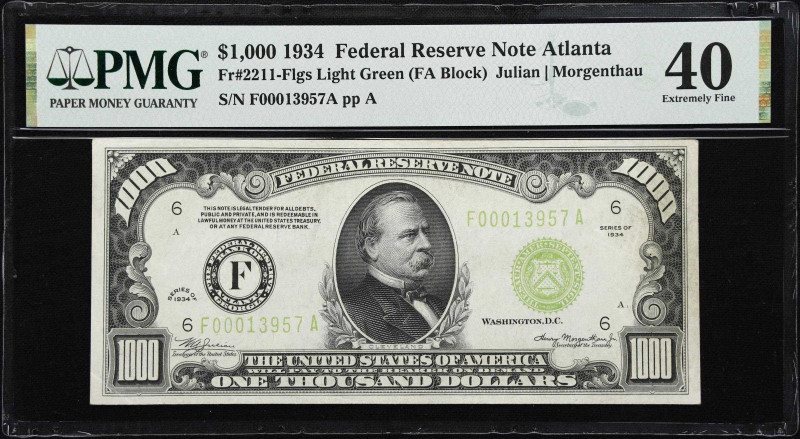 Fr. 2211-Flgs. 1934 Light Green Seal $1000 Federal Reserve Note. Atlanta. PMG Ex...