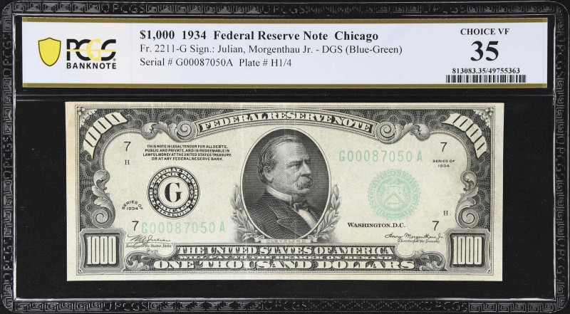 Fr. 2211-G. 1934 Dark Green Seal $1000 Federal Reserve Note. Chicago. PCGS Bankn...