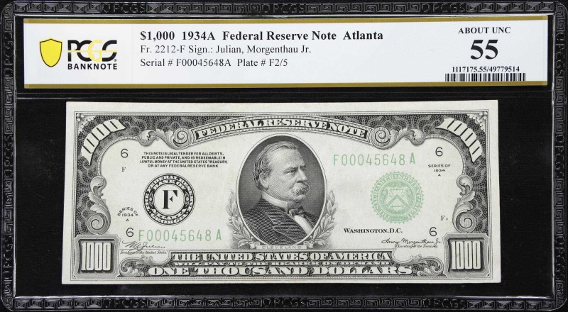 Fr. 2212-F. 1934A $1000 Federal Reserve Note. Atlanta. PCGS Banknote About Uncir...