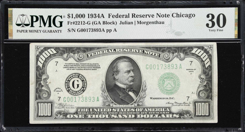 Fr. 2212-G. 1934A $1000 Federal Reserve Note. Chicago. PMG Very Fine 30.
An eve...