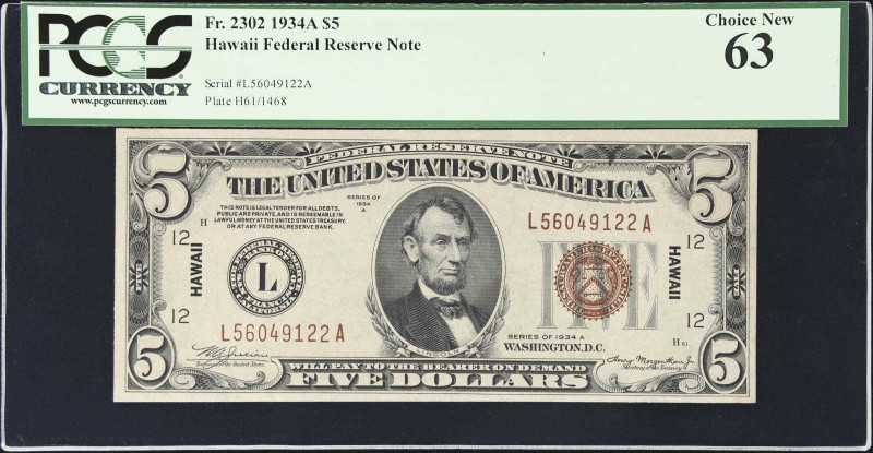 Fr. 2302. 1934A $5 Hawaii Emergency Note. PCGS Currency Choice New 63.
A Choice...