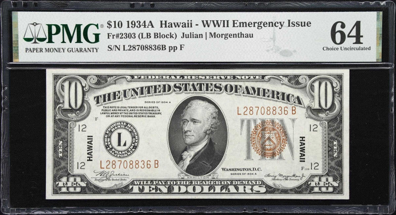 Fr. 2303. 1934A $10 Hawaii Emergency Note. PMG Choice Uncirculated 64.
A Choice...