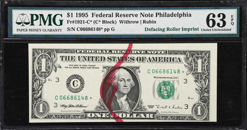 Fr. 1921-C*. 1995 $1 Federal Reserve Star Note. Philadelphia. PMG Choice Uncircu...