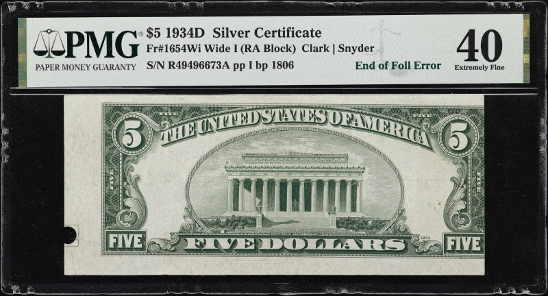 Fr. 1654Wi. 1934D $5 Silver Certificate. Wide I. PMG Extremely Fine 40. End of R...