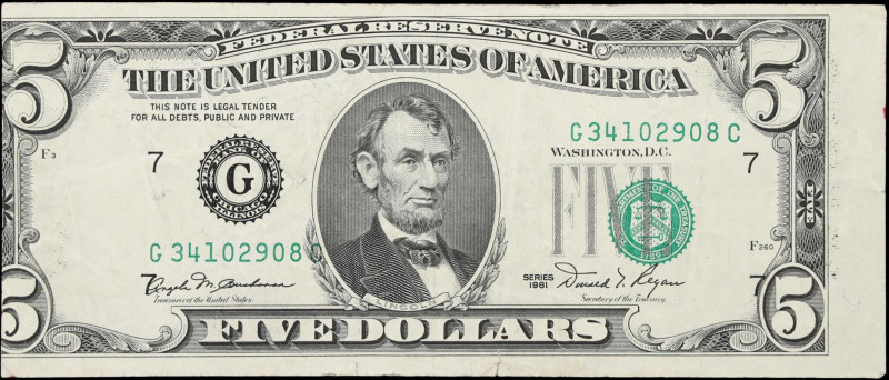 Fr. 1976-G. 1981 $5 Federal Reserve Note. Chicago. Very Fine. End of Roll Error....