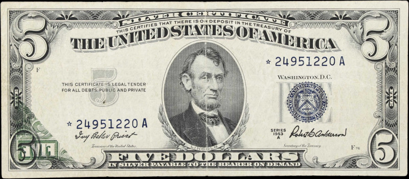 Fr. 1656*. 1953A $5 Silver Certificate Star Note. Very Fine. Partial Back to Fro...