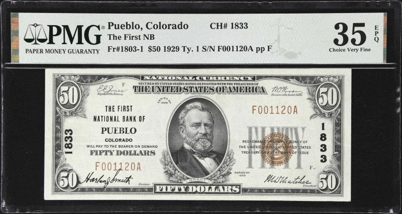 Pueblo, Colorado. $50 1929 Ty. 1. Fr. 1803-1. The First NB. Charter #1833. PMG C...