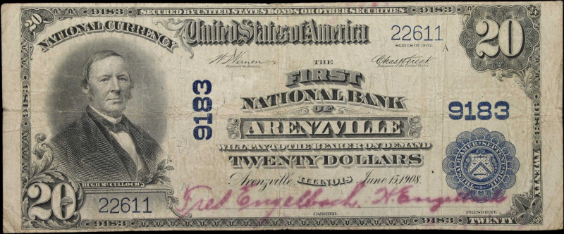 Arenzville, Illinois. $20 1902 Plain Back. Fr. 652. First NB. Charter #9183. Ver...