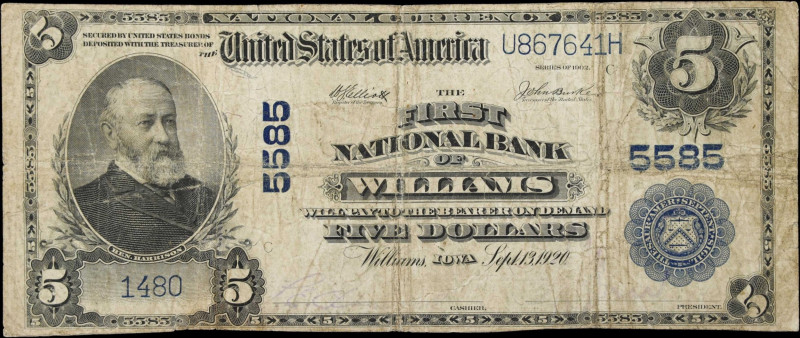 Williams, Iowa. $5 1902 Plain Back. Fr. 607. First NB. Charter #5585. Fine to Ve...