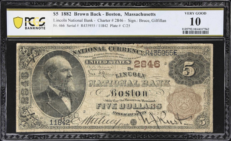 Boston, Massachusetts. $5 1882 Brown Back. Fr. 466. Lincoln NB. Charter #2846. P...