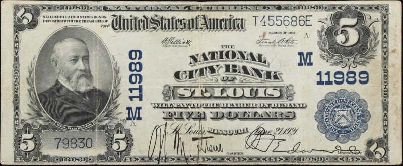 Saint Louis, Missouri. $5 1902 Plain Back. Fr. 608. National City Bank. Charter ...