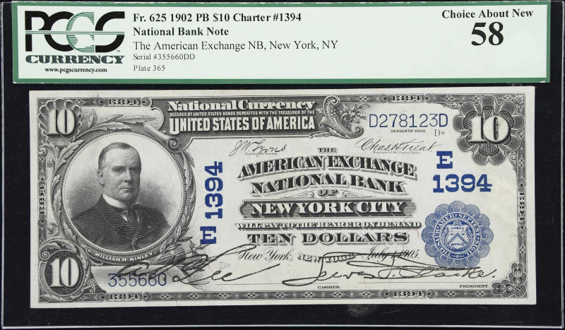 New York, New York. 1902 Plain Back $10 Fr. 625. American Exchange NB. Charter #...