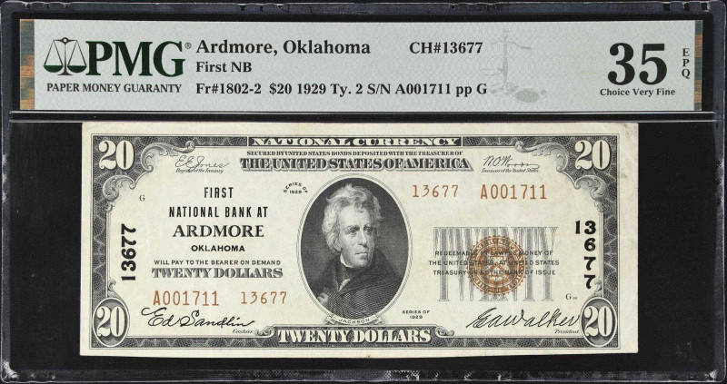 Ardmore, Oklahoma. $20 1929 Ty. 2. Fr. 1802-2. First NB. Charter #13677. PMG Cho...