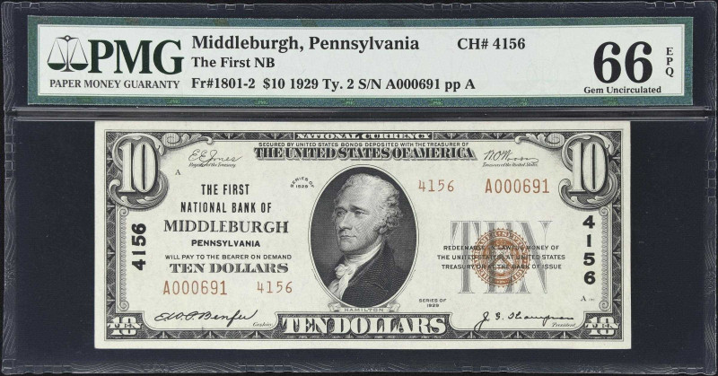 Middleburgh, Pennsylvania. $10 1929 Ty. 2. Fr. 1801-2. First NB. Charter #4156. ...