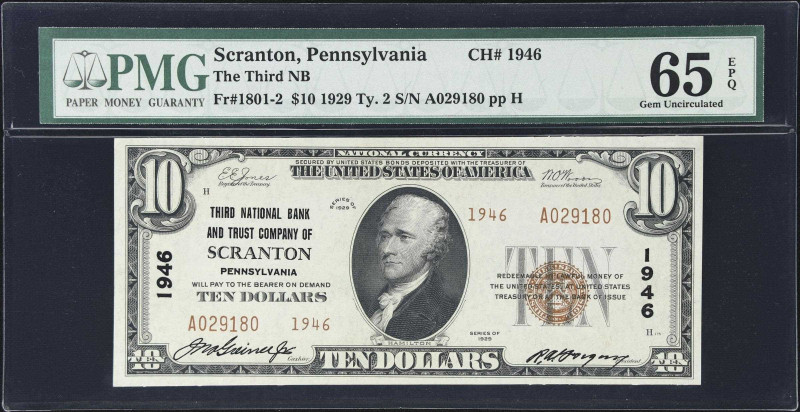 Scranton, Pennsylvania. $10 1929 Ty. 2. Fr. 1801-2. The Third NB. Charter #1946....