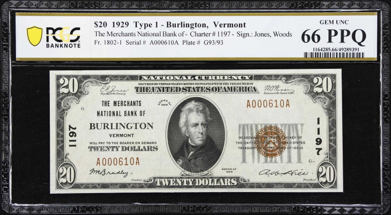 Burlington, Vermont. $20 1929 Ty. 1. Fr. 1802-1. Merchants NB. Charter #1197. PC...