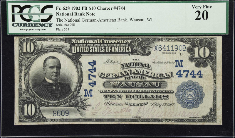 Wausau, Wisconsin. $10 1902 Plain Back. Fr. 628. National German-American Bank. ...