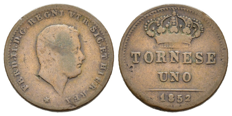 NAPOLI. Ferdinando II di Borbone (1830-1859). 1 Tornese 1852. AE (g 2,98). Testa...