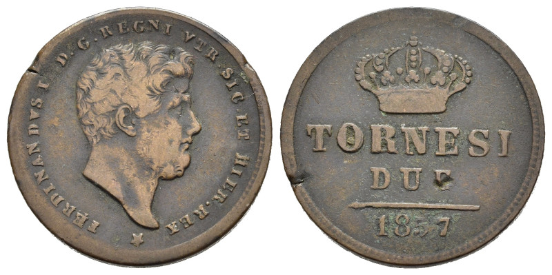 NAPOLI. Ferdinando II di Borbone (1830-1859). 2 Tornesi 1857. AE (g 5,43). Testa...