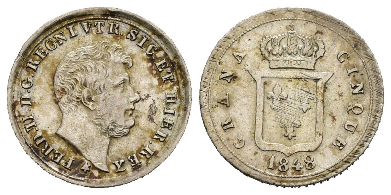 NAPOLI. Ferdinando II di Borbone (1830-1859). 5 Grana 1848. AR (g 1,17). Testa n...