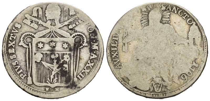 ROMA. Stato Pontificio. Pio VI (1775-1799). Mezzo Scudo romano 1796, anno XXII. ...