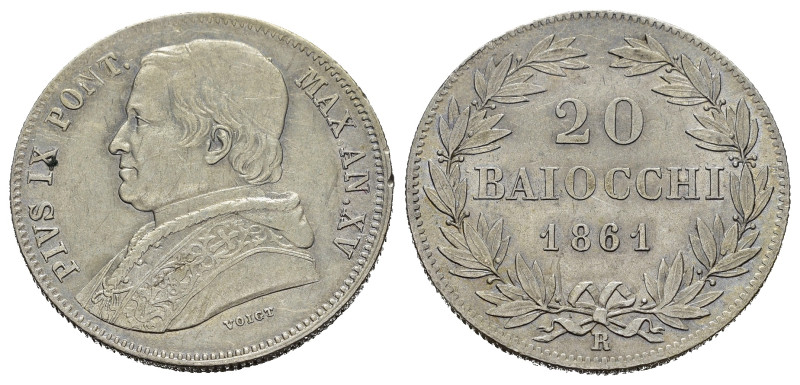 ROMA. Stato Pontificio. Pio IX (1846-1870). 20 Baiocchi 1861, anno XV. AR (g 5,6...