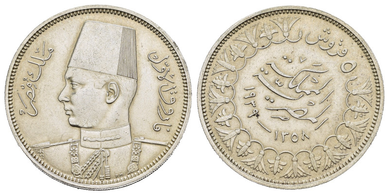 EGITTO. Farouk I (1936-1952). 5 Qirsh 1358 (1939). AR (g 6,97). Busto a sinistra...