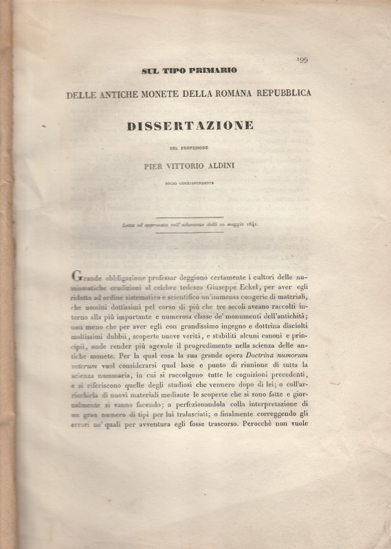 ALDINI Pier Vittorio. Sul tipo primario delle antiche monete della Romana Repubb...