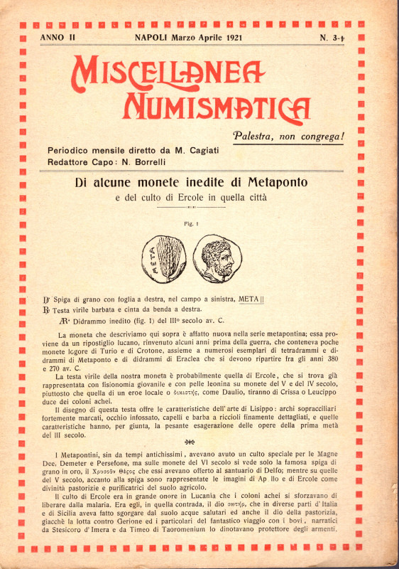 CAGIATI M-BORRELLI N. - Miscellanea numismatica. N 3\4- 1921. indice, Sambon A. ...