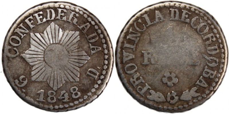 Argentina 1 Real 1848 
 Argentina 1 Real 1848 Silver KM#26.1&nbsp; Cordoba 
Gr...