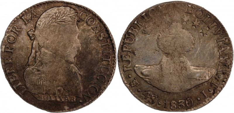 Bolivia 4 Soles 1830 IL 
 Bolivia 4 Soles 1830 IL Silver KM#96a1 Potosi 
Grade...