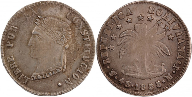 Bolivia 4 Soles 1855 MJ 
 Bolivia 4 Soles 1855 MJ Silver KM#123.2 Potosi 
Grad...