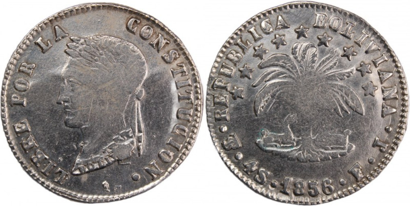 Bolivia 4 Soles 1856 PTS FJ 
 Bolivia 4 Soles 1856 PTS FJ Bolivia 4 Soles 1856 ...