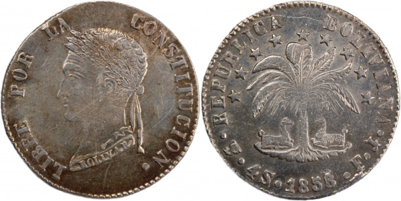 Bolivia 4 Soles 1858 PTS FJ 
 Bolivia 4 Soles 1858 PTS FJ Bolivia 4 Soles 1858&...