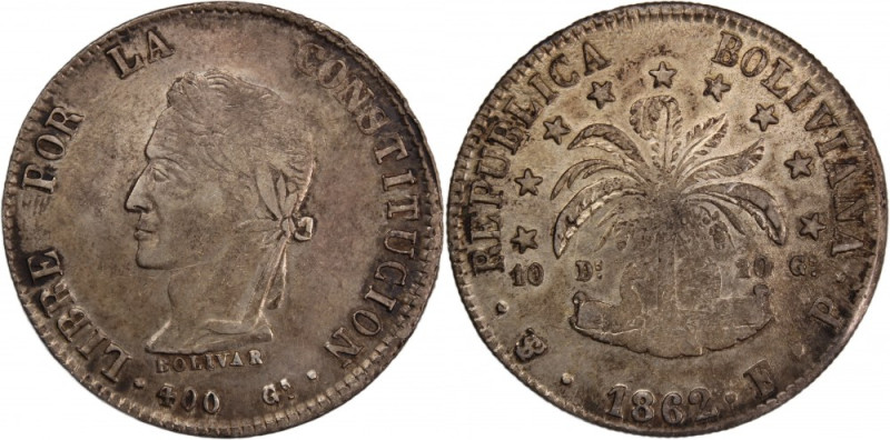 Bolivia 8 Soles 1862 FP 
 Bolivia 8 Soles 1862 FP Silver KM#138.6 Potosi 
Grad...