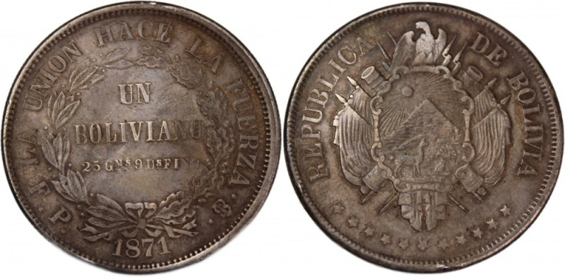 Bolivia 1 Boliviano 1871 FP 
 Bolivia 1 Boliviano 1871 FP Silver KM#155.3

Gr...