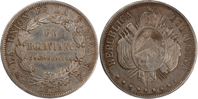 Bolivia 1 Boliviano 1872 FE 
 Bolivia 1 Boliviano 1872 FE Silver KM#160

Grad...