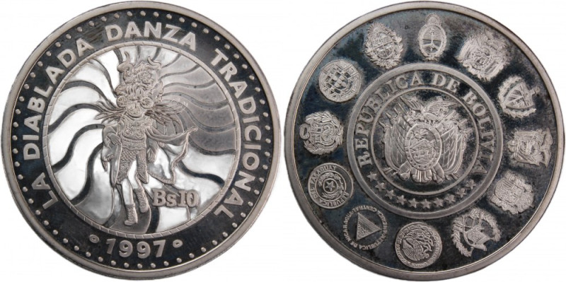 Bolivia 10 Bolivianos 1997 
 Bolivia 10 Bolivianos 1997 Silver KM#209 Ibero-Ame...