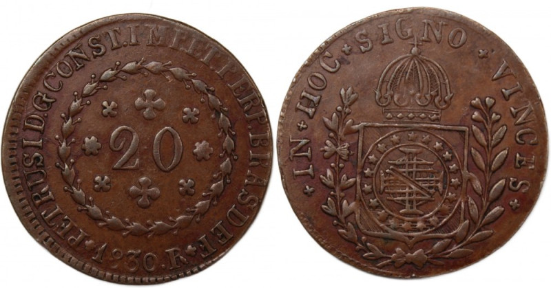 Brazil 20 Reis 1830 R 
 Brazil 20 Reis 1830 R Copper KM#360.1 Pedro I 
Grade: ...