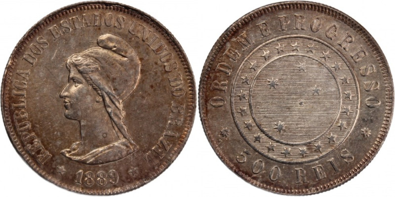 Brazil 500 Reis 1889 
 Brazil 500 Reis 1889 Silver KM#494 
Grade: UNC