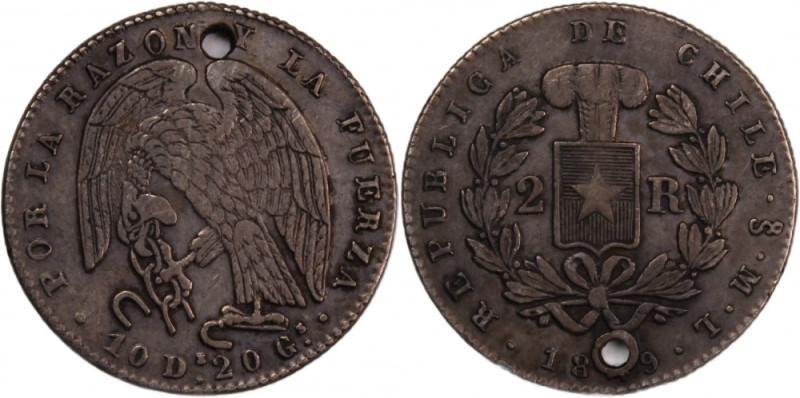Chile 2 Reales 1849 ML Holed 
 Chile 2 Reales 1849 ML Holed Silver KM#100.2 
G...
