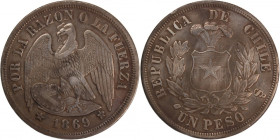 Chile 1 Peso 1869 
 Chile 1 Peso 1869 Chile 1 Peso 1869 So Santiago Mint Republic Mintage: 467,000 pcs Silver KM#142.1 ⇅&nbsp;

Grade: XF